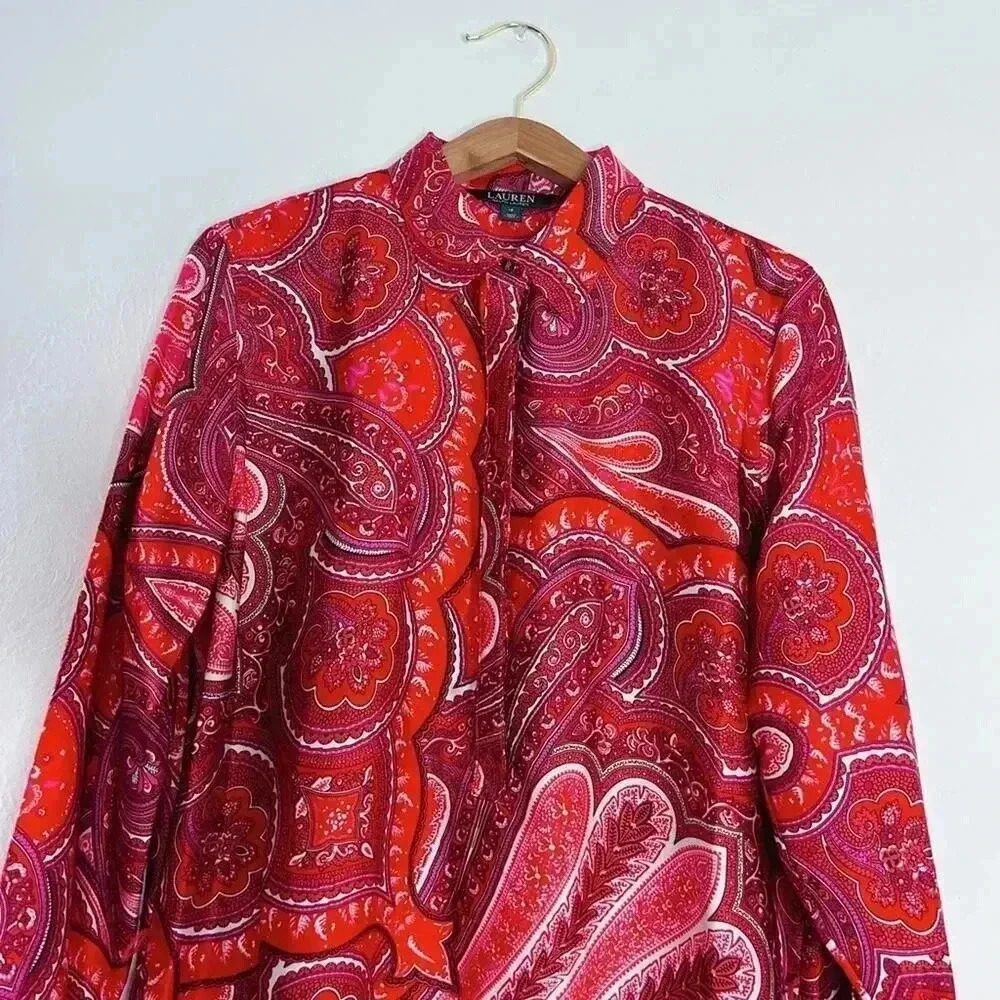 Ralph Lauren Red Paisley Satin Scarf Dress Long Sleeves Women's Size 12 - Picture 2 of 8